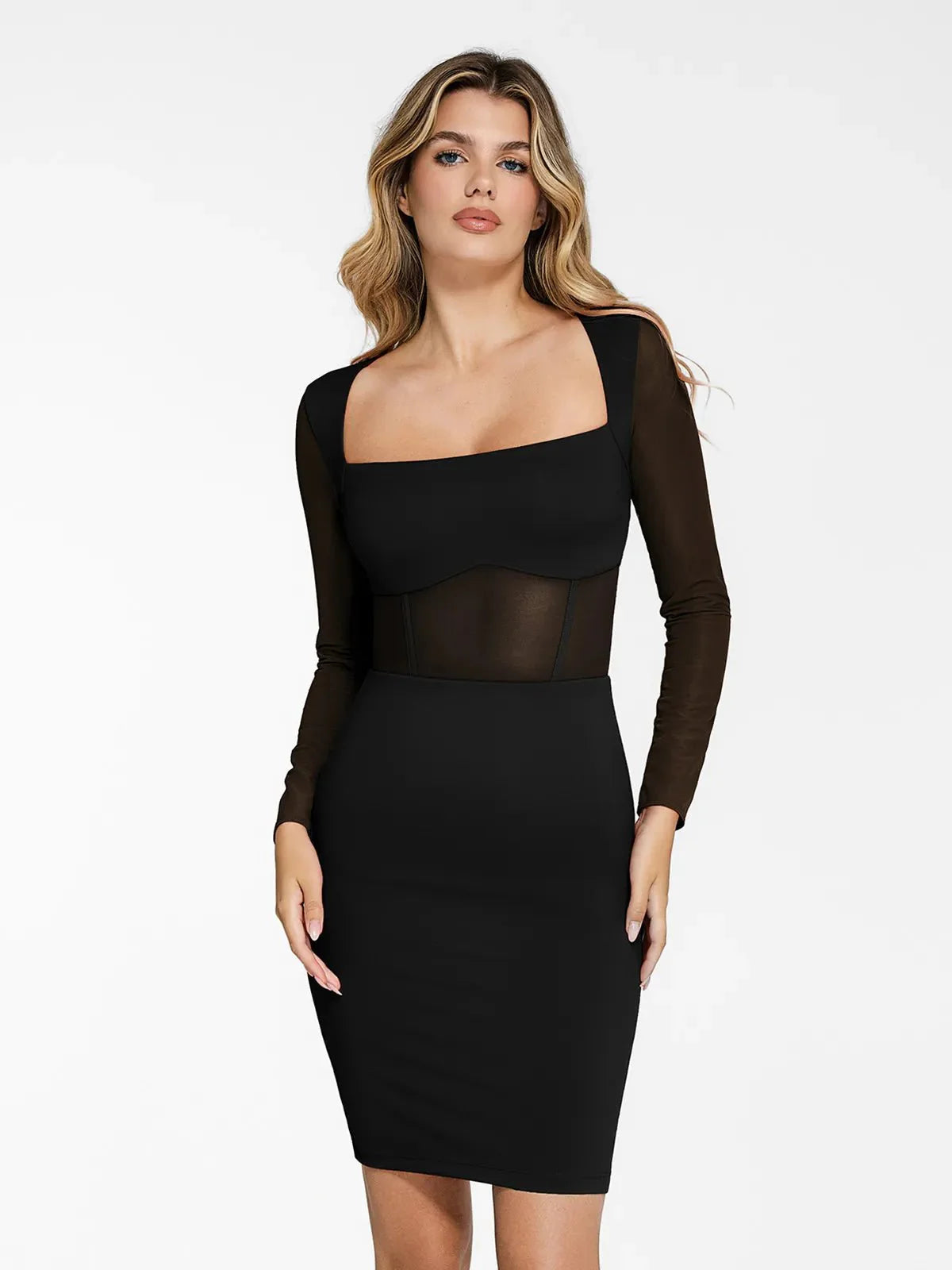 Das Shapewear-Kleid Sculpting Langarm Mesh Midi