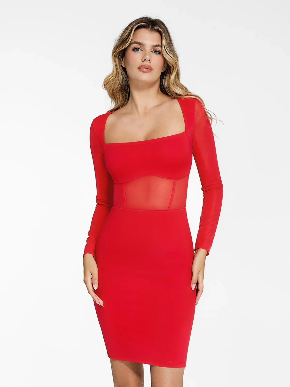 Das Shapewear-Kleid Sculpting Langarm Mesh Midi