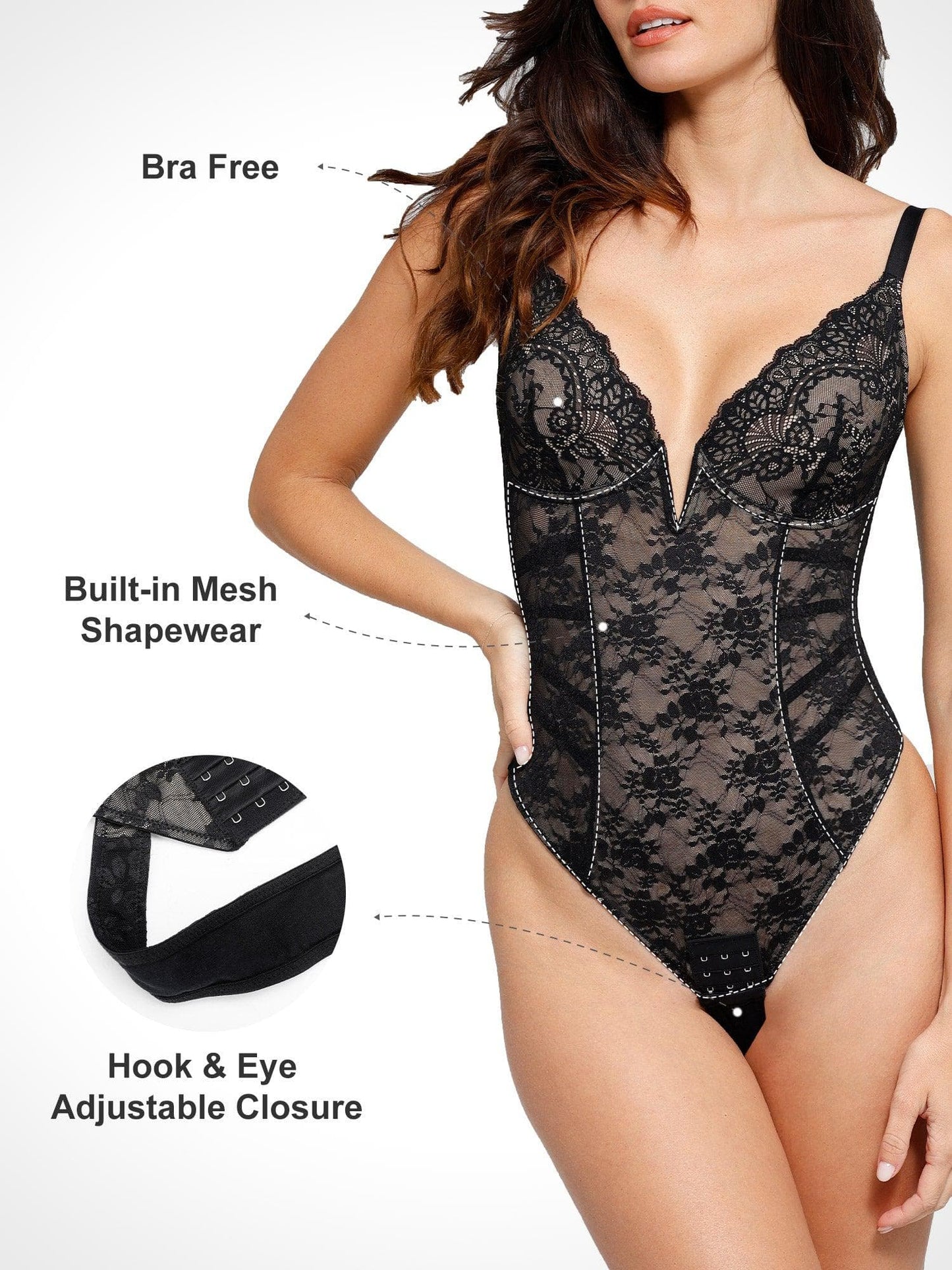 Der Shapewear-Bodysuit mit tiefem V-Ausschnitt und Spitzen-Tanga