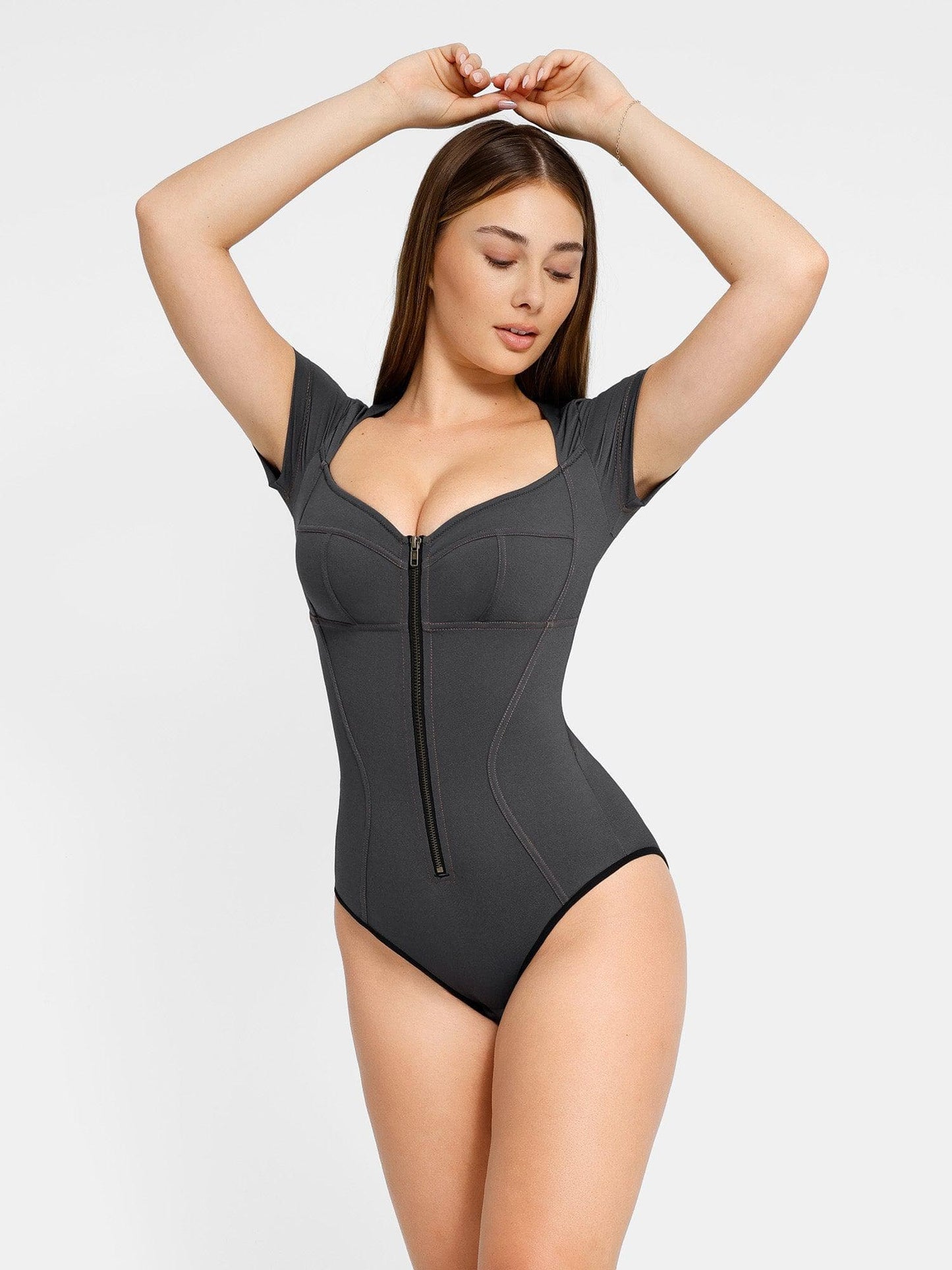 Der Shapewear Bodysuit Denim V-Ausschnitt Kurzarm