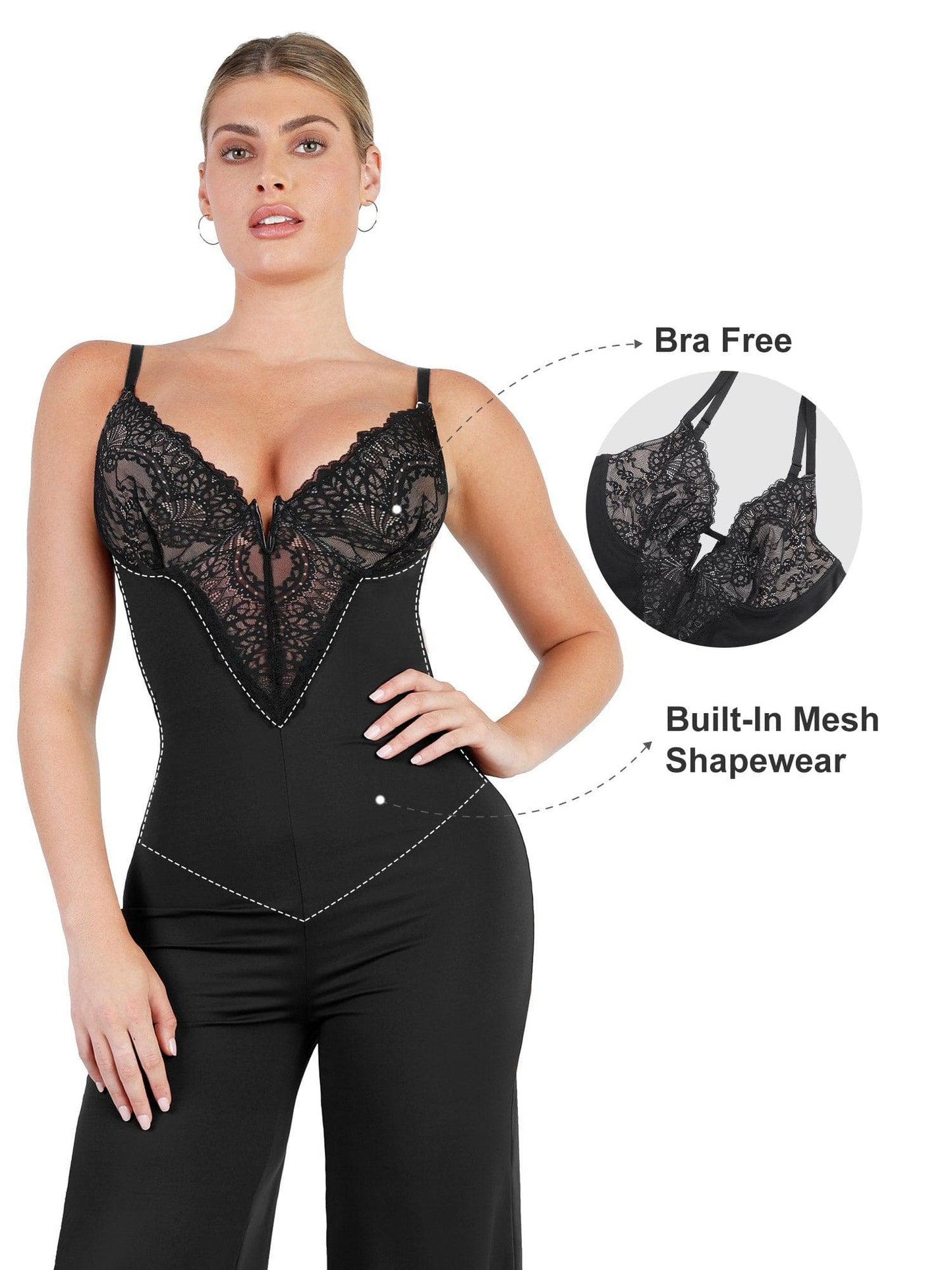 The Shapewear Jumpsuit Lace Deep V-Neck Wide-Leg Slip