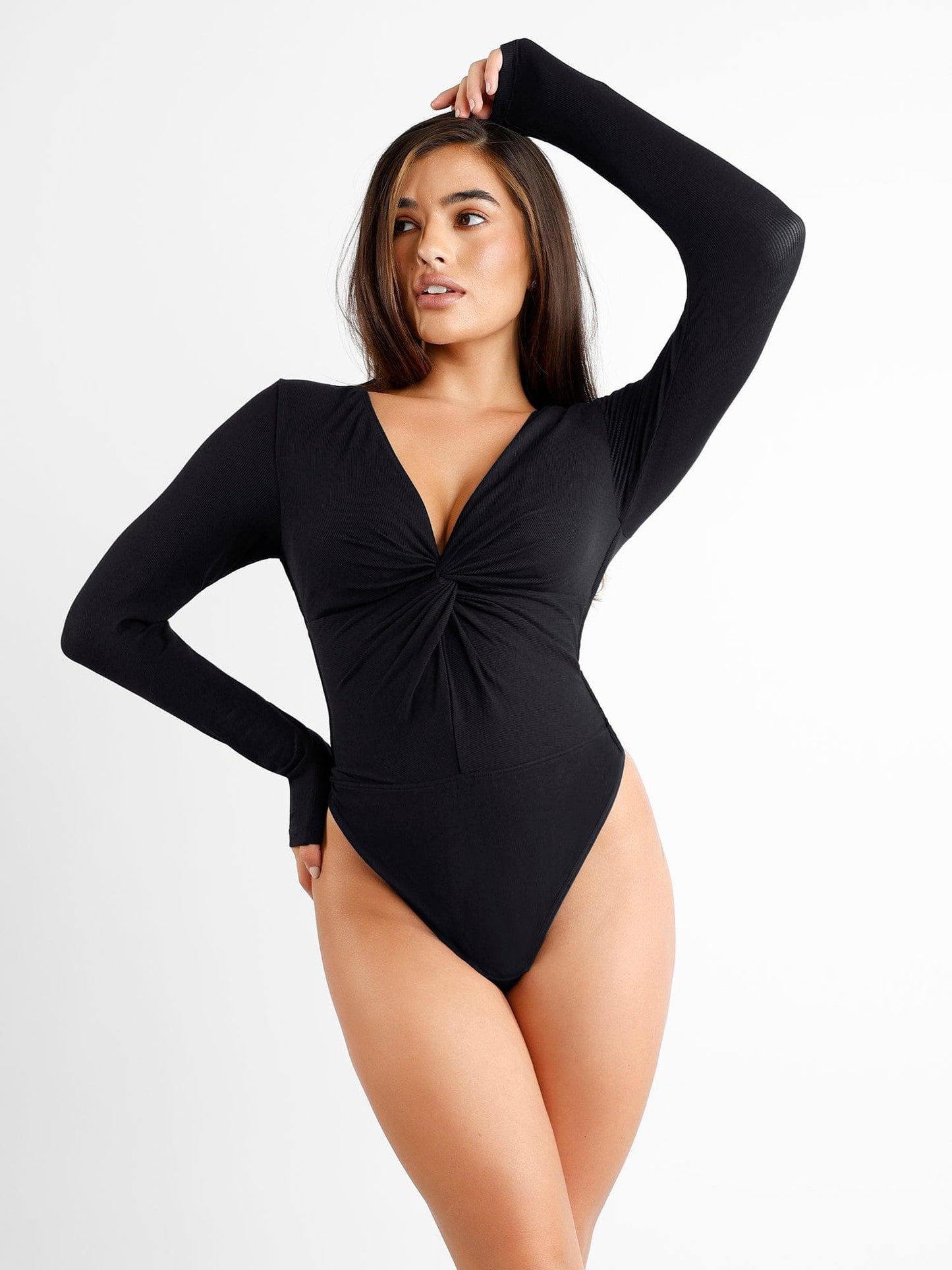 The Shapewear Bodysuit Ruched Long Sleeve V-Neck Modal Thong