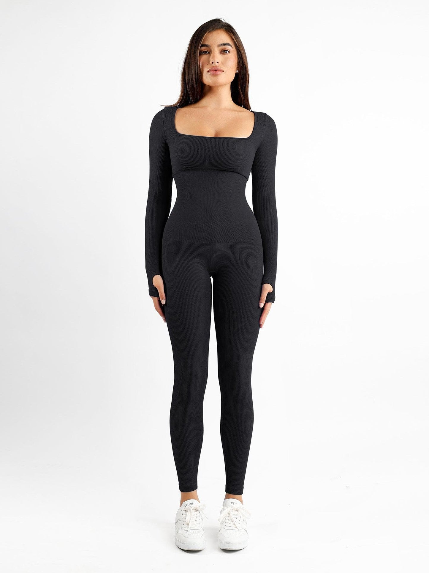 The Shapewear Jumpsuit Seamless Thumb Hole Square Neck Long Sleeve