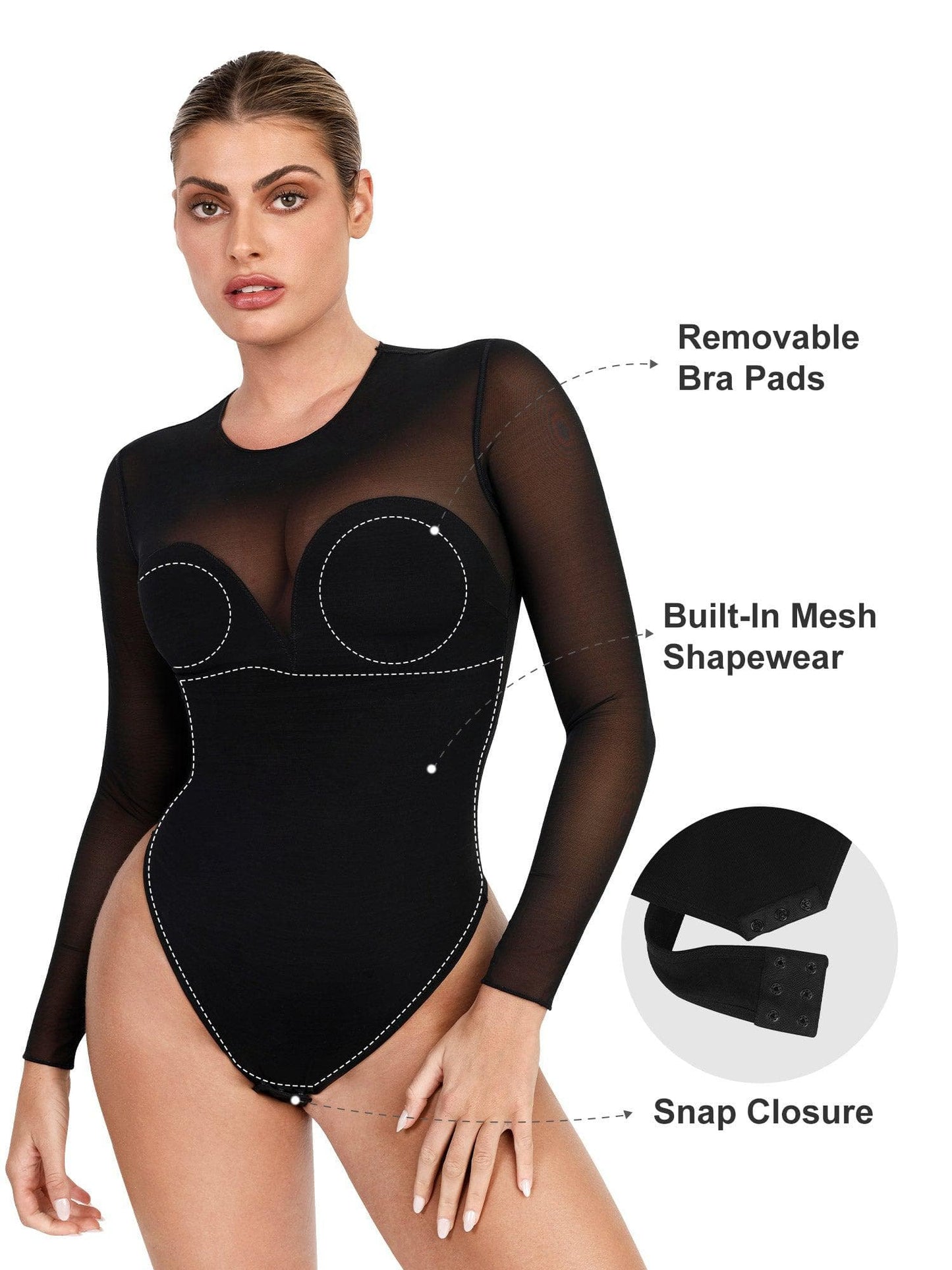 The Shapewear Bodysuit Sheer Mesh Long Sleeve Thong