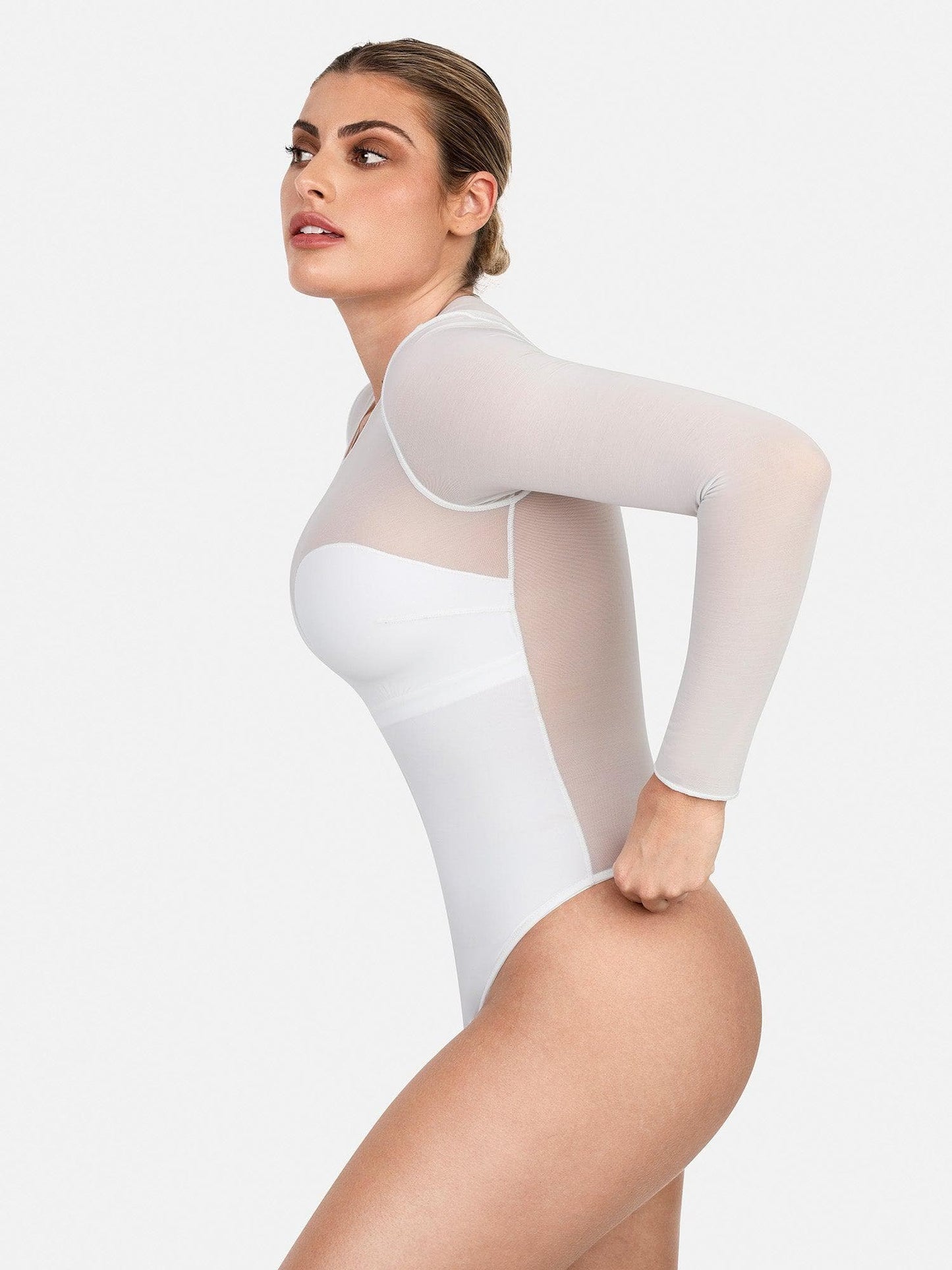 The Shapewear Bodysuit Sheer Mesh Long Sleeve Thong