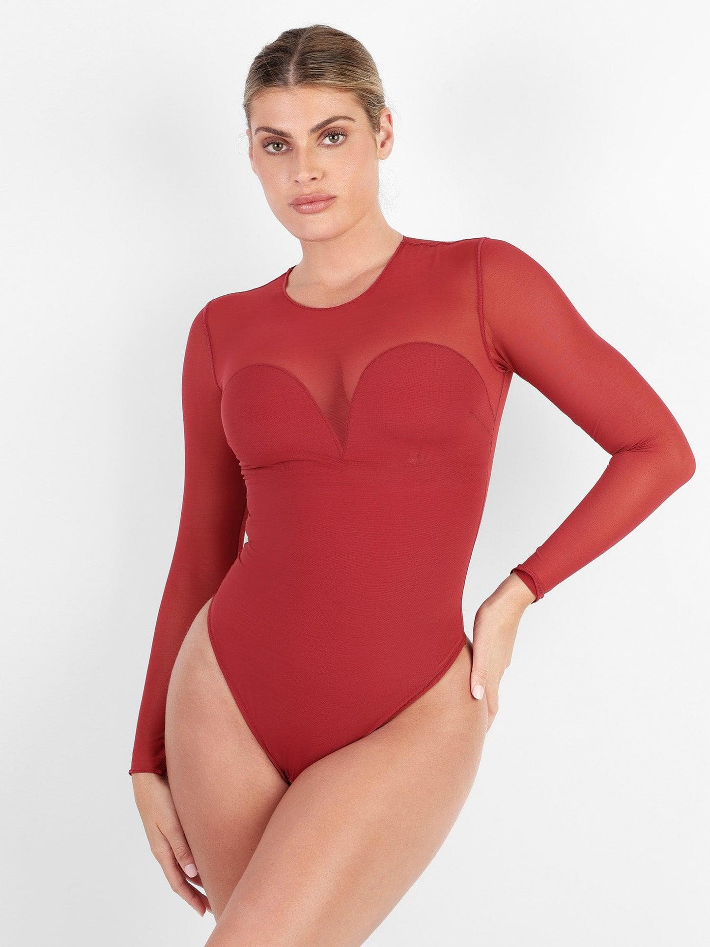 The Shapewear Bodysuit Sheer Mesh Long Sleeve Thong