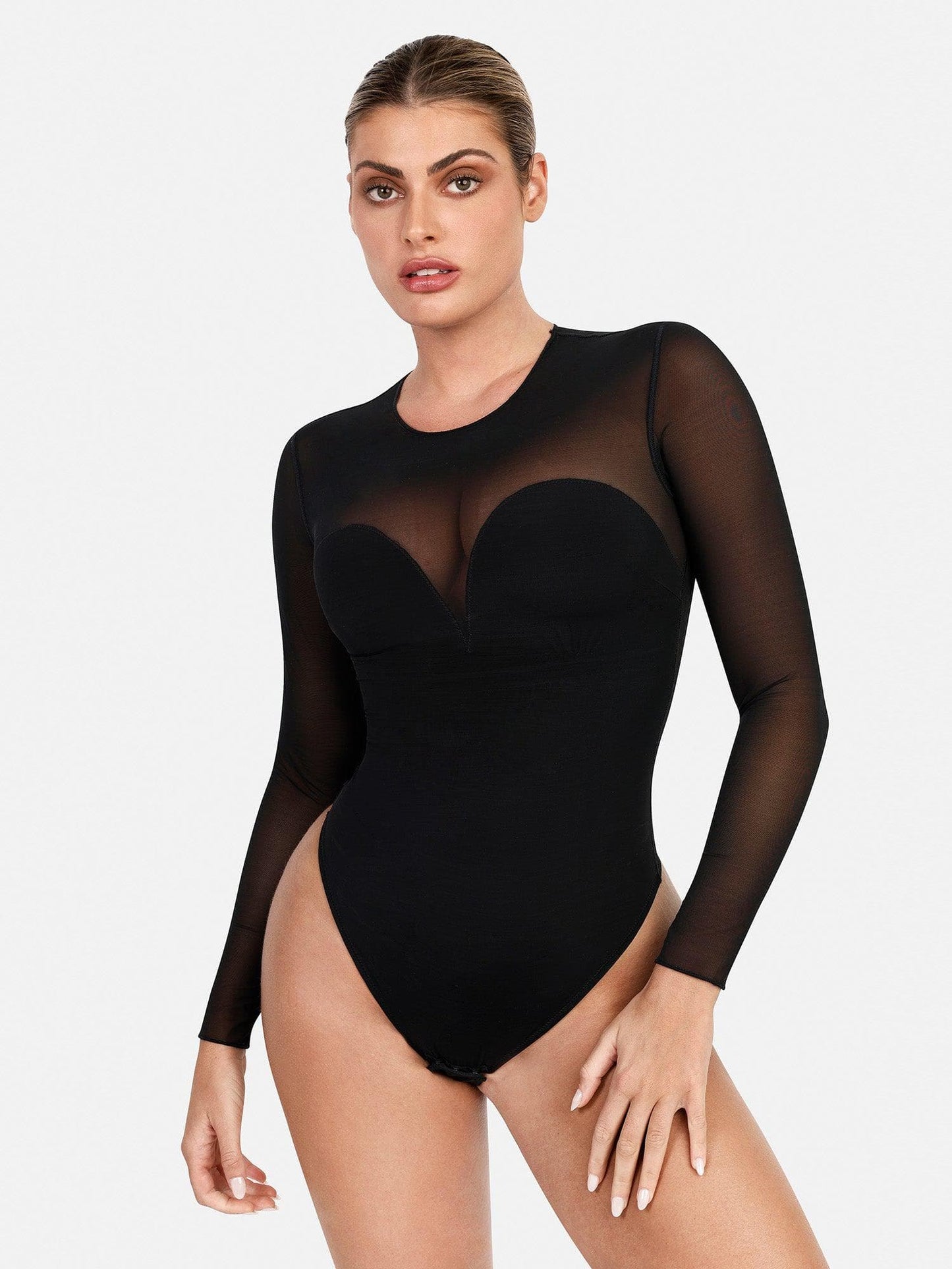 The Shapewear Bodysuit Sheer Mesh Long Sleeve Thong