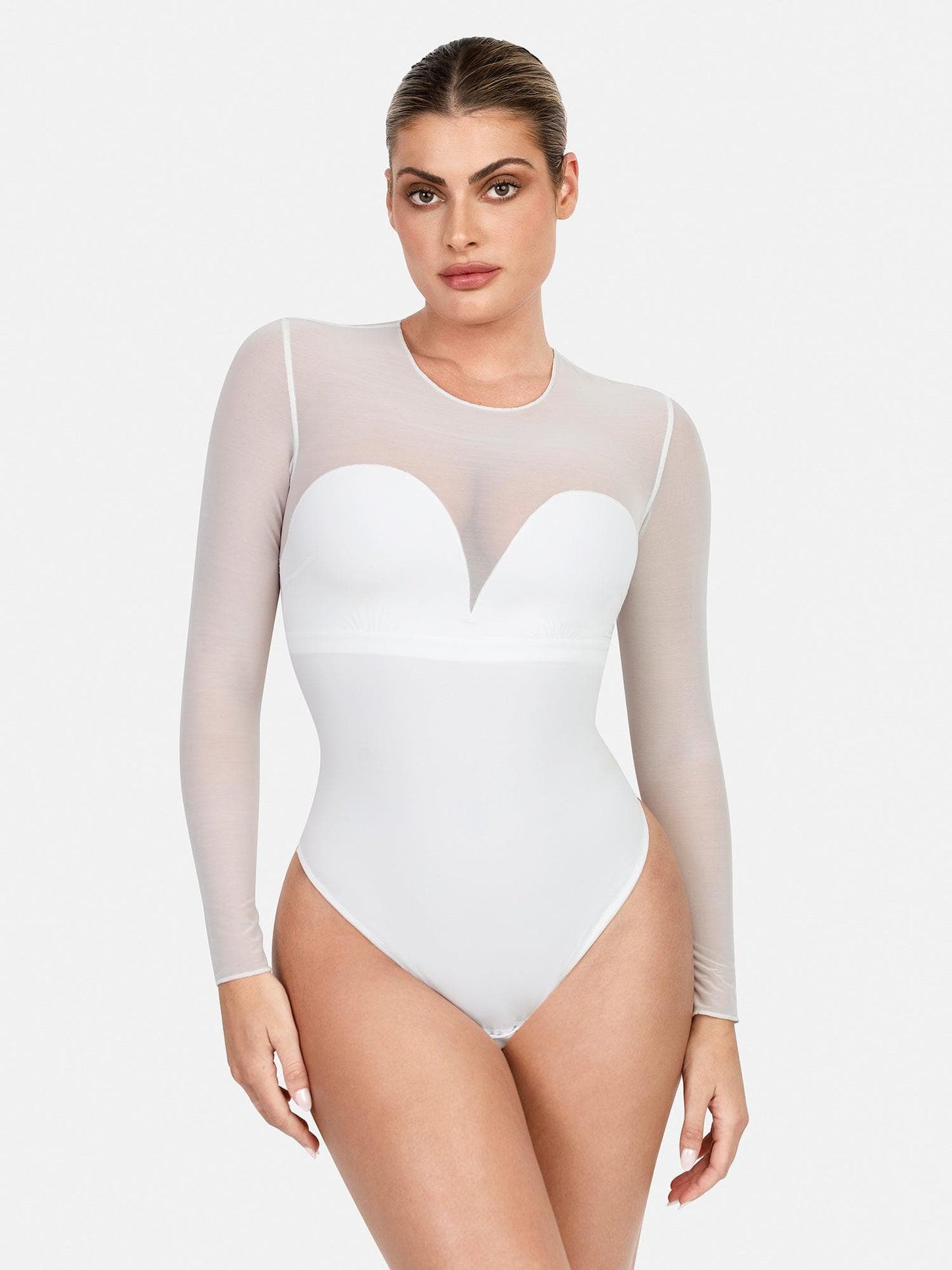 The Shapewear Bodysuit Sheer Mesh Long Sleeve Thong