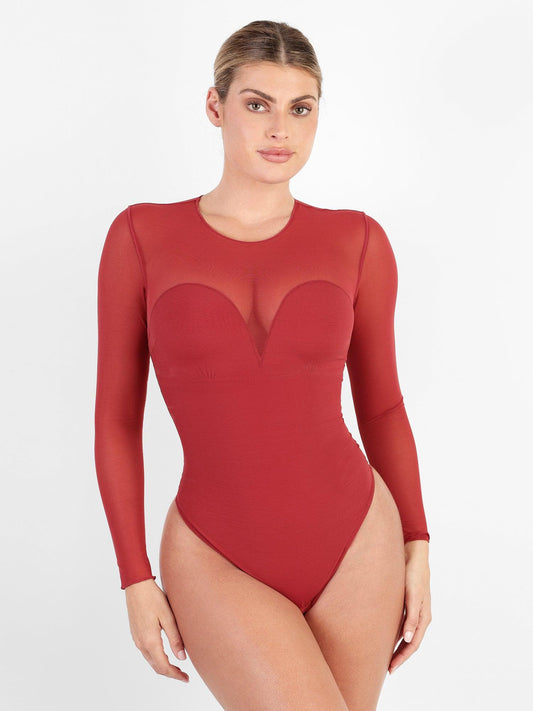 The Shapewear Bodysuit Sheer Mesh Long Sleeve Thong