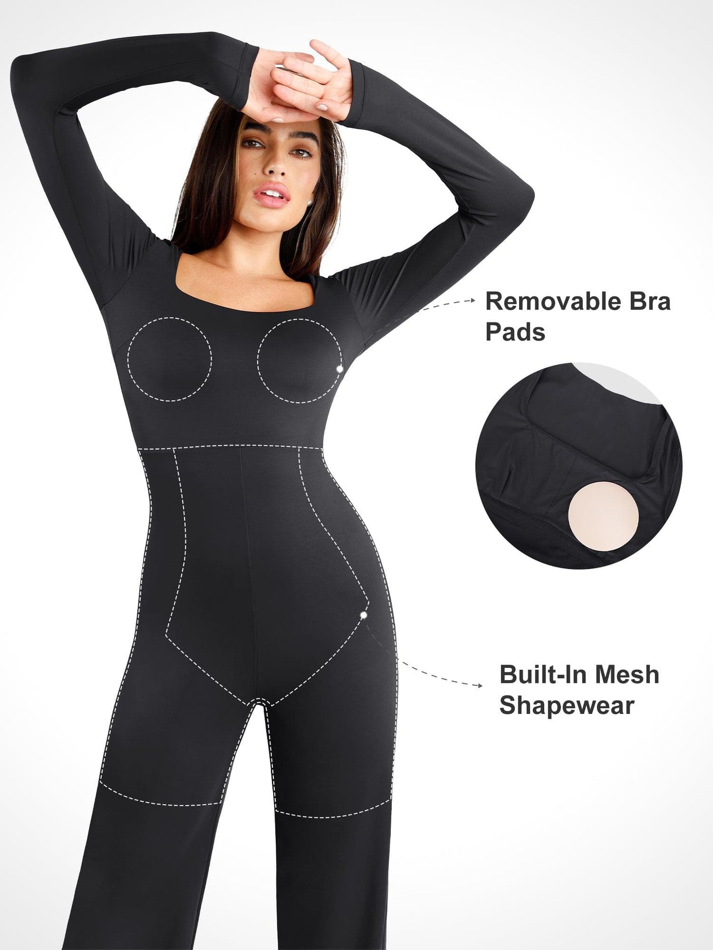 Combinaison Shapewear à col carré et jambes larges à manches longues