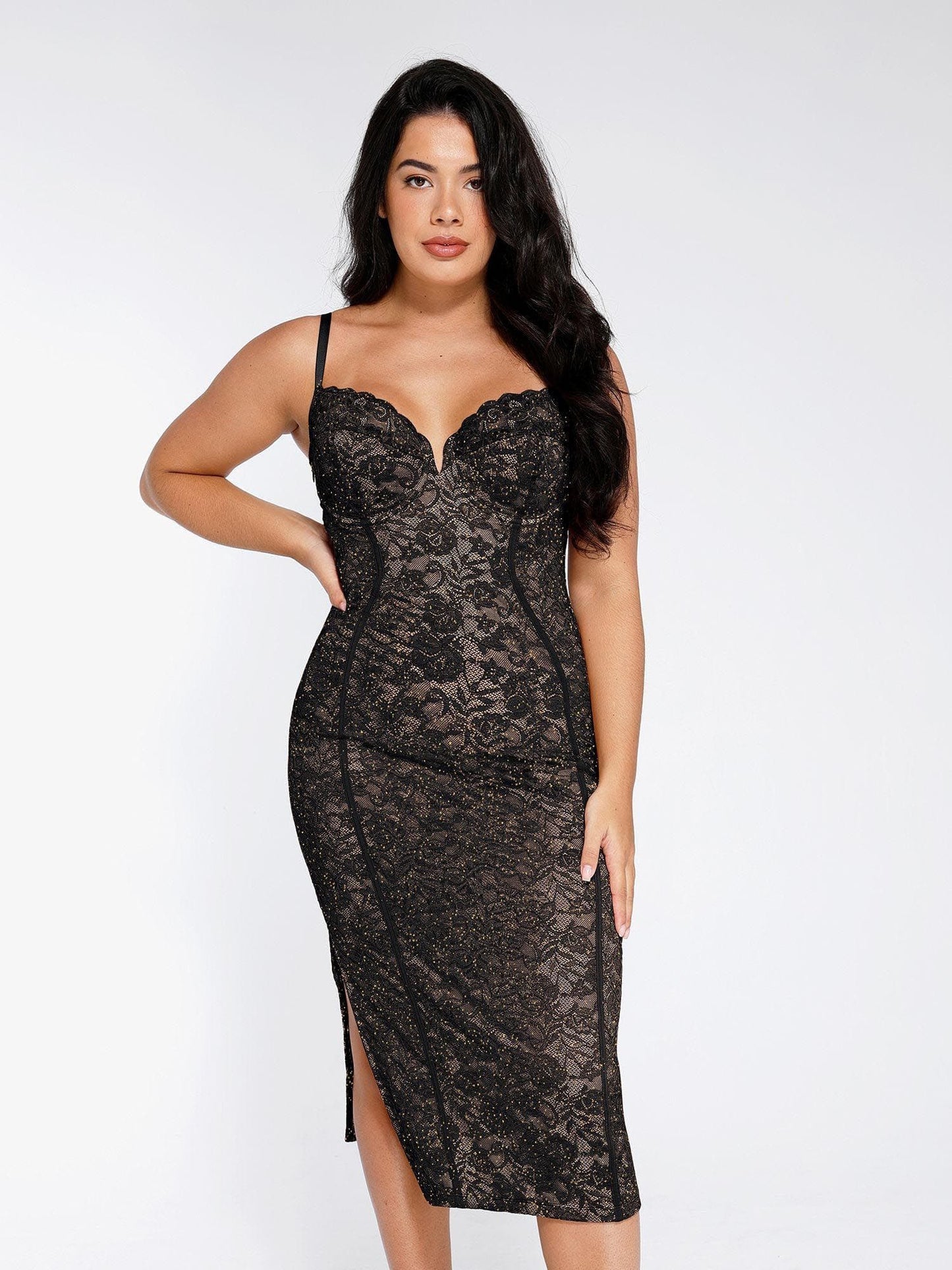 The Shapewear Dress V-Neck Slip Lace Midi