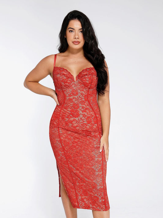 The Shapewear Dress V-Neck Slip Lace Midi